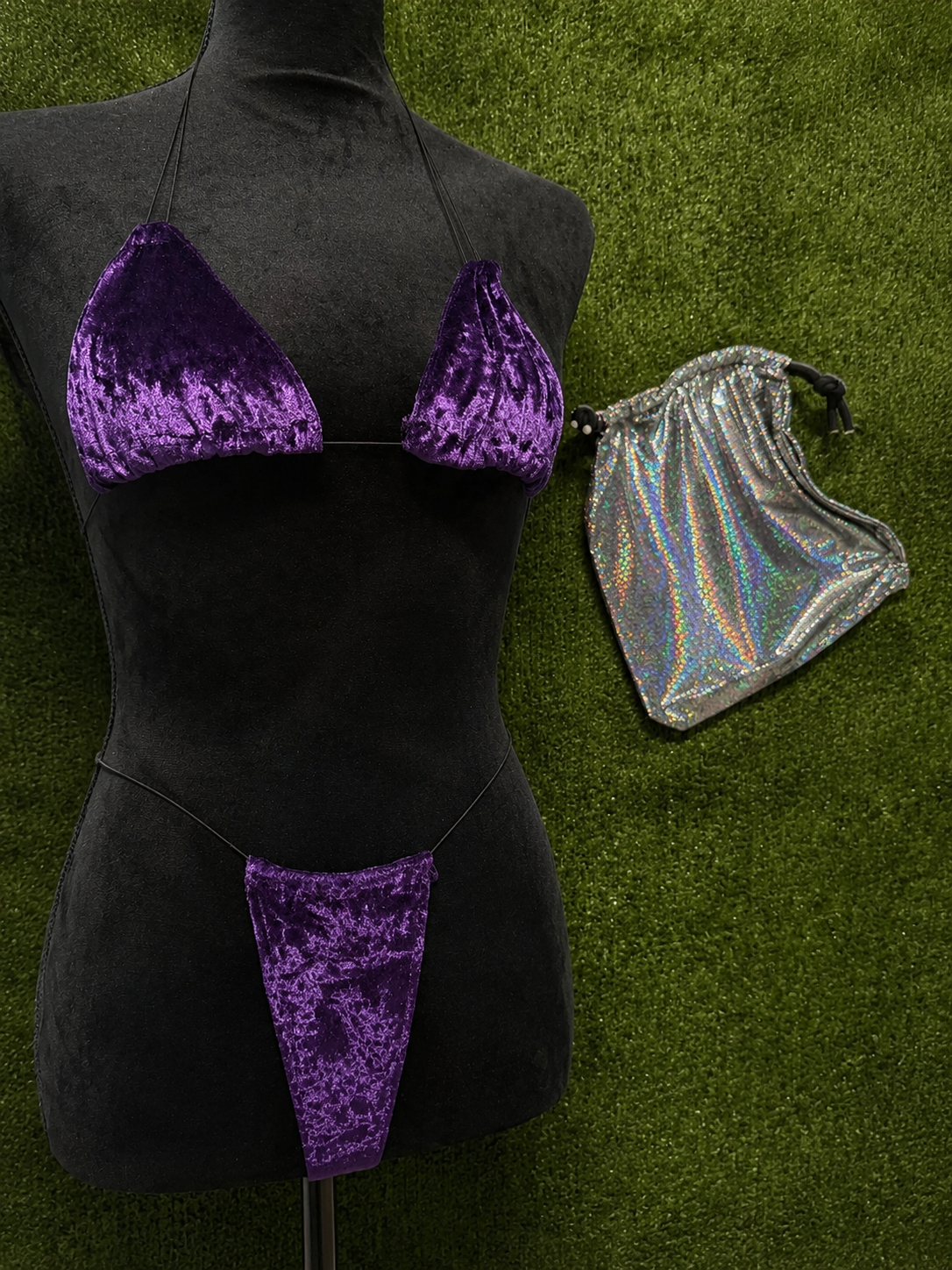 Purple crushed-velvet micro bikini set